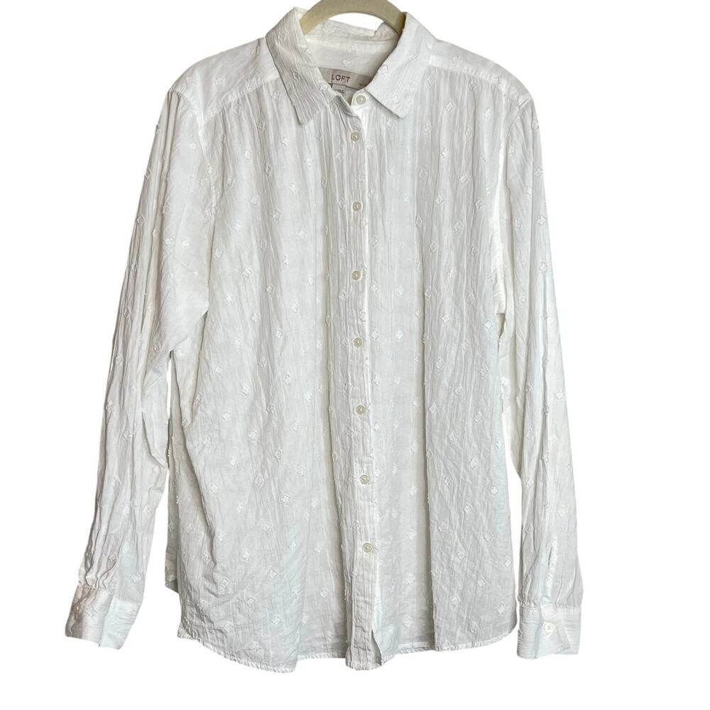 Loft Womens Blouse Size XL Petite White Tone on Tone Long Sleeve Button Up